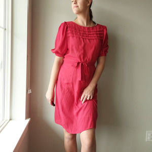 Vintage 70s Pleated Detail Puff Sleeve Midi Dress with Slit